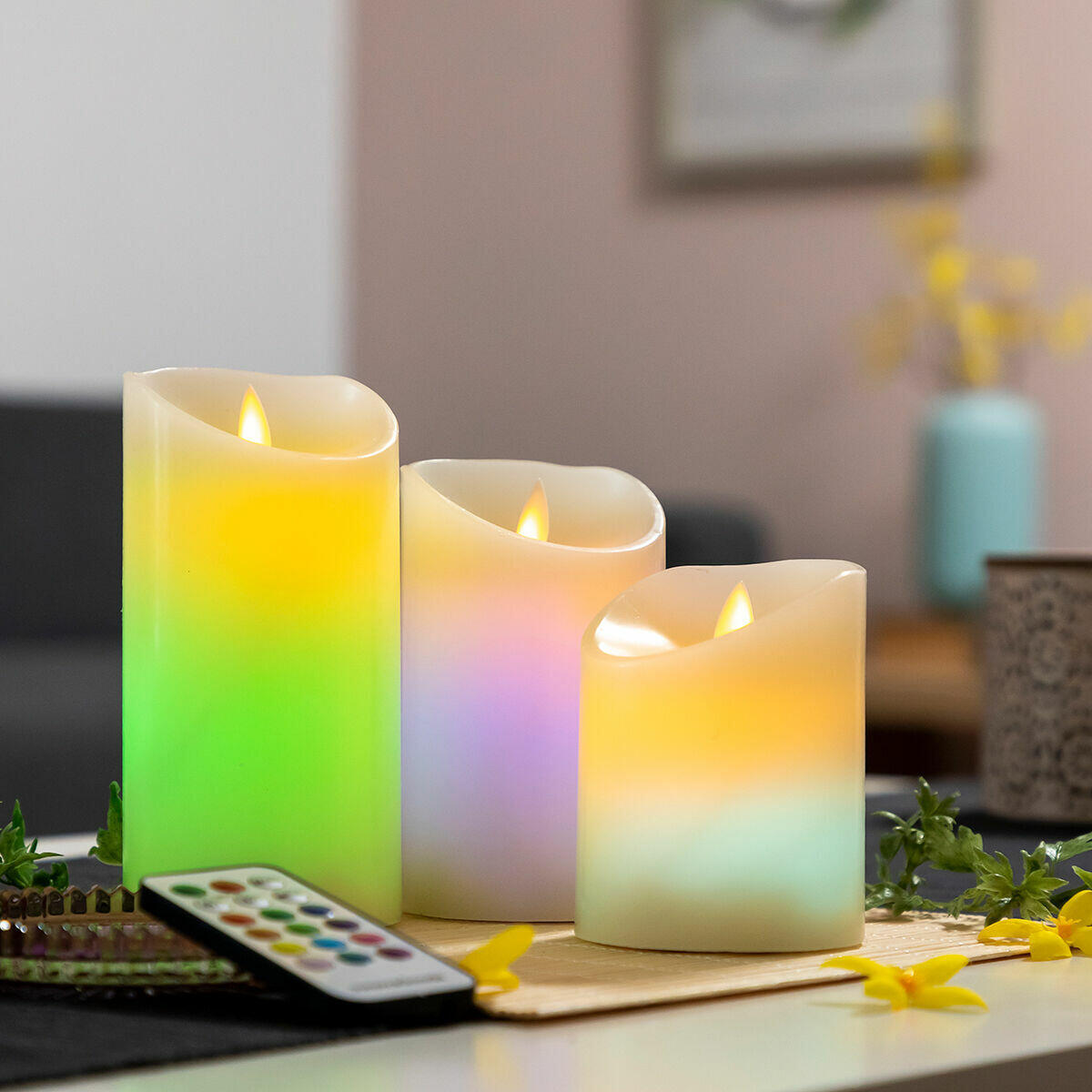 Velas LED Multicolor Efecto Llama con Mando Lendles 3 Unidades