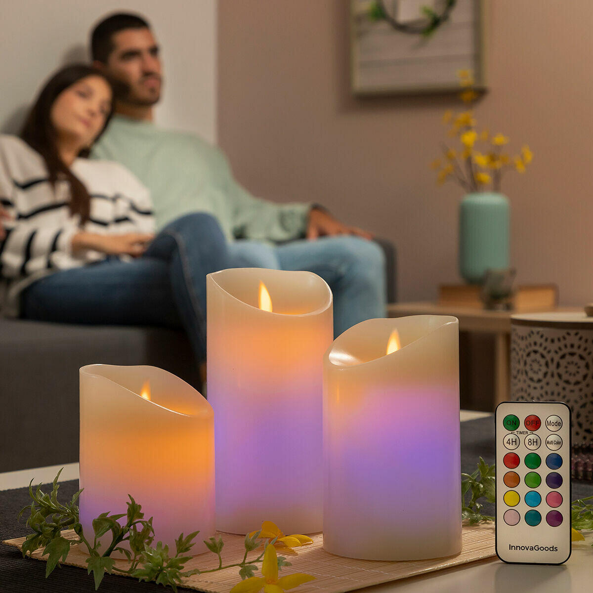 Velas LED Multicolor Efecto Llama con Mando Lendles 3 Unidades